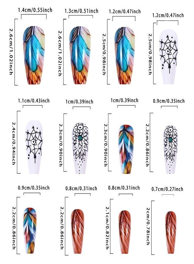 TBRZTR Press on Nails Medium Coluful Feather False Nails Cute Wind Chimes Pattern Design Ballet Shaped Nails Artificial Coffin Nails Full Cover Stick on Nails Glossy Accrylic Glue on Nails for Women - Image 3